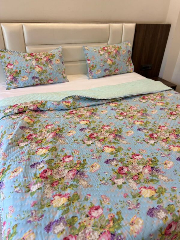 Double Bed- Block Print Cotton Quilts 
Blue Floral with 2 quilted pillow covers  (Reversible Quilts) 
(Dispatch Time 24 Hours)