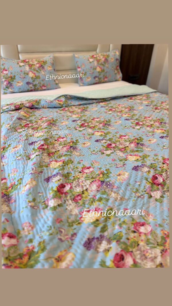 Double Bed- Block Print Cotton Quilts 
Blue Floral with 2 quilted pillow covers  (Reversible Quilts) 
(Dispatch Time 24 Hours)