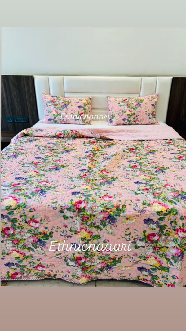 Double Bed- Block Print Cotton Quilts 
Pink Floral with 2 pillow covers  (Reversible Quilts) 
(Dispatch Time 24 Hours)