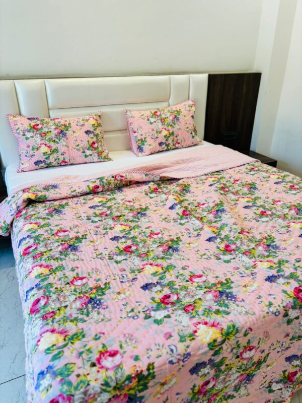 Double Bed- Block Print Cotton Quilts 
Pink Floral with 2 pillow covers  (Reversible Quilts) 
(Dispatch Time 24 Hours)