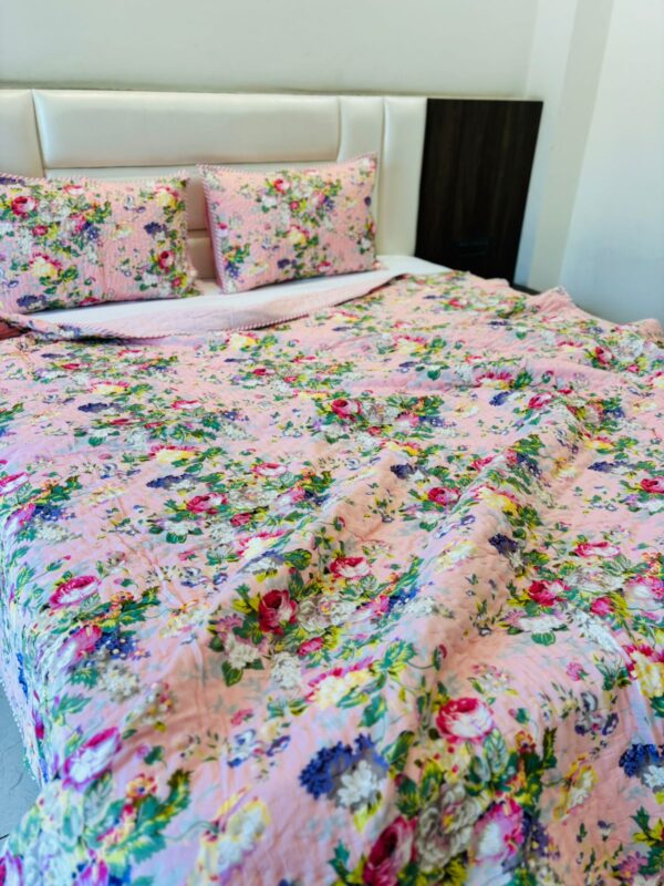 Double Bed- Block Print Cotton Quilts 
Pink Floral with 2 pillow covers  (Reversible Quilts) 
(Dispatch Time 24 Hours)