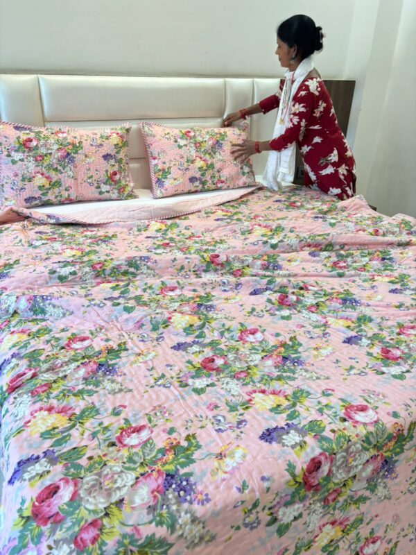 Double Bed- Block Print Cotton Quilts 
Pink Floral with 2 pillow covers  (Reversible Quilts) 
(Dispatch Time 24 Hours)