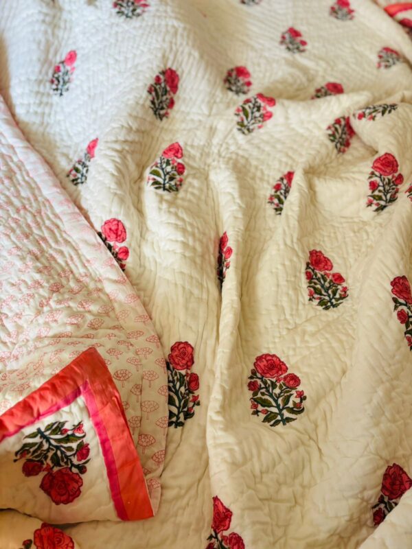 Double Bed- Block Print Cotton Quilts 
Pink Roses (Reversible Quilts) 
(Dispatch Time 24 Hours)