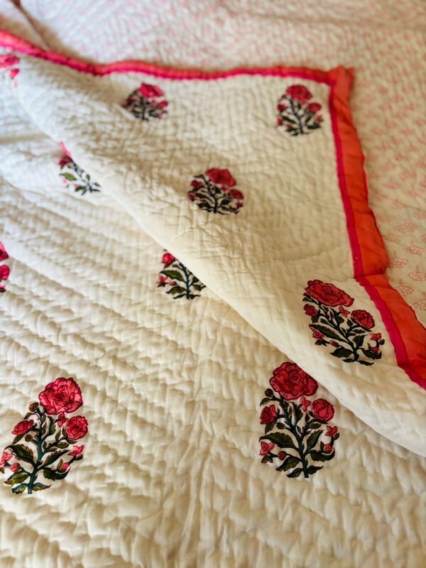 Double Bed- Block Print Cotton Quilts 
Pink Roses (Reversible Quilts) 
(Dispatch Time 24 Hours)