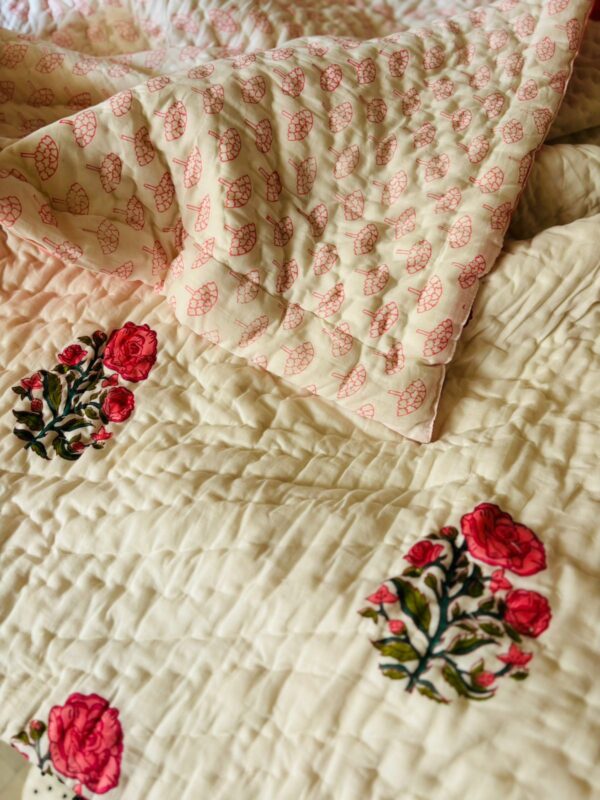 Double Bed- Block Print Cotton Quilts 
Pink Roses (Reversible Quilts) 
(Dispatch Time 24 Hours)