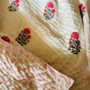 Double Bed- Block Print Cotton Quilts 
Pink Roses (Reversible Quilts) 
(Dispatch Time 24 Hours)