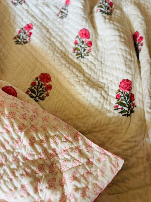 Double Bed- Block Print Cotton Quilts 
Pink Roses (Reversible Quilts) 
(Dispatch Time 24 Hours)