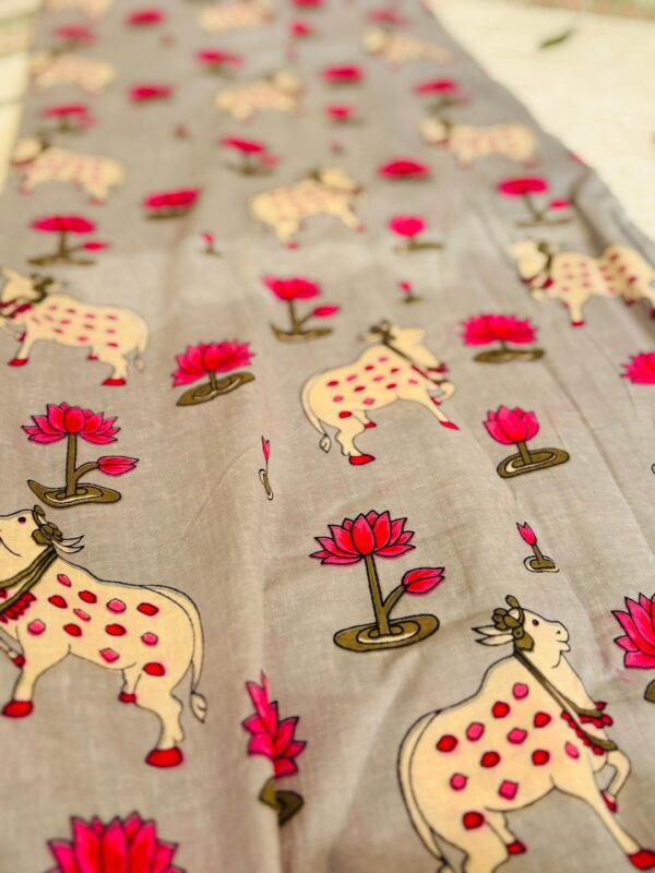 100./. Cotton Mul Fabrics, Grey Pichwai 🪷Raw Fabrics - Pure Cotton
