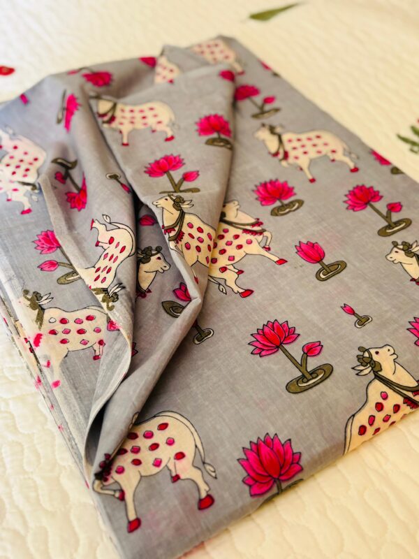 100./. Cotton Mul Fabrics, Grey Pichwai 🪷Raw Fabrics - Pure Cotton