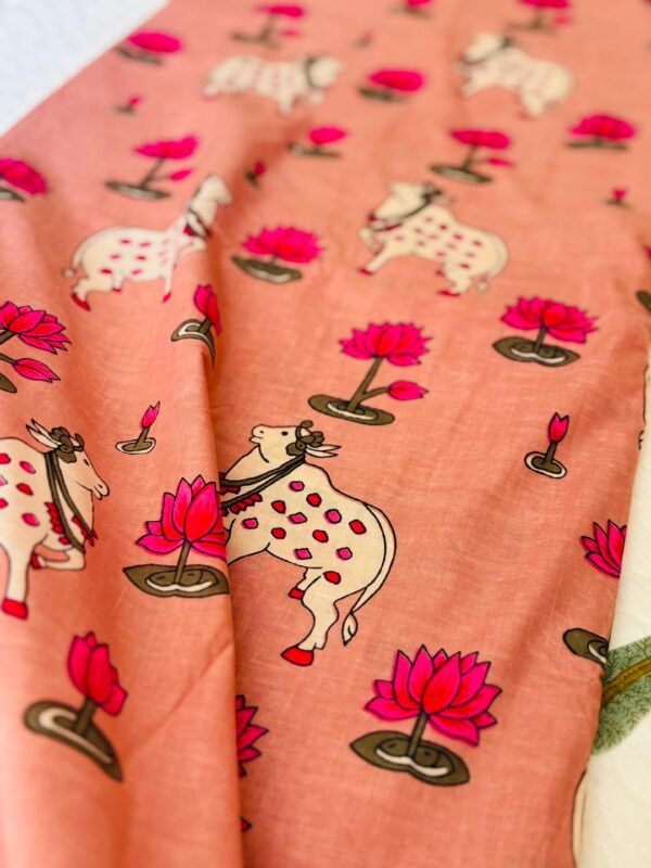 100./. Cotton Mul Fabrics, Peach Pichwai - Raw Fabrics - Pure Cotton