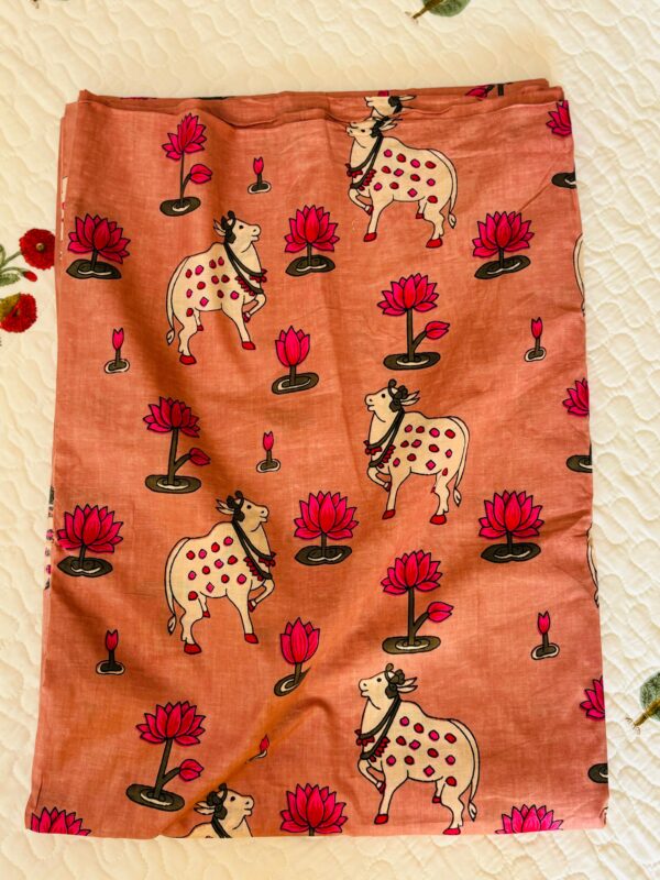 100./. Cotton Mul Fabrics, Peach Pichwai - Raw Fabrics - Pure Cotton