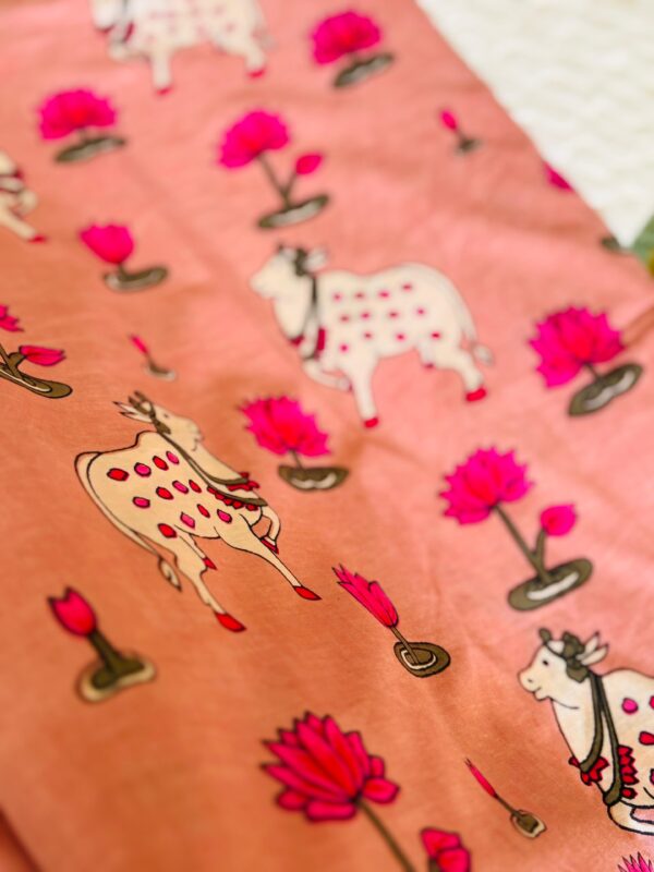 100./. Cotton Mul Fabrics, Peach Pichwai - Raw Fabrics - Pure Cotton