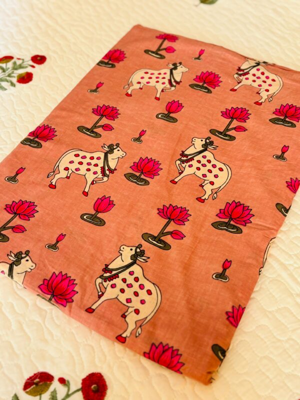 100./. Cotton Mul Fabrics, Peach Pichwai - Raw Fabrics - Pure Cotton