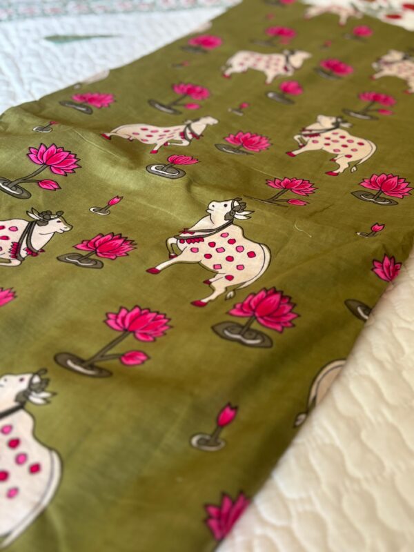 100./. Cotton Mul Fabrics, Dusty Green Pichwai - Raw Fabrics - Pure Cotton
