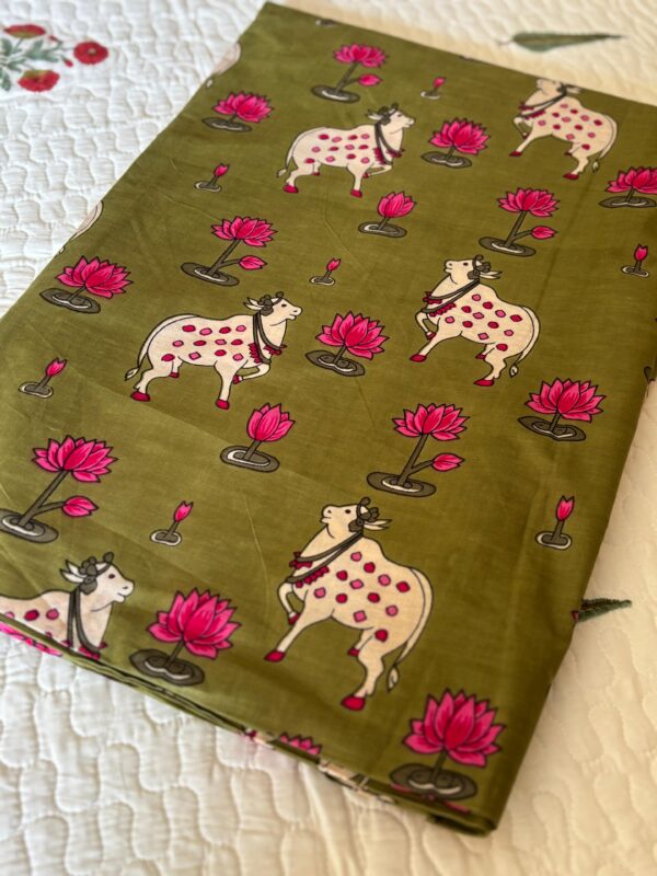 100./. Cotton Mul Fabrics, Dusty Green Pichwai - Raw Fabrics - Pure Cotton