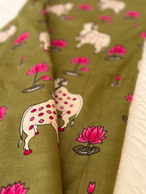100./. Cotton Mul Fabrics, Dusty Green Pichwai - Raw Fabrics - Pure Cotton