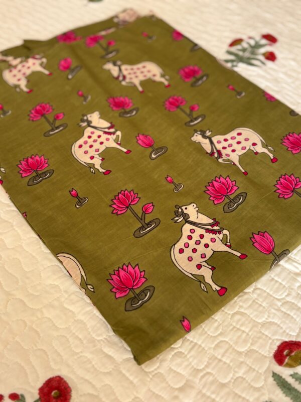 100./. Cotton Mul Fabrics, Dusty Green Pichwai - Raw Fabrics - Pure Cotton