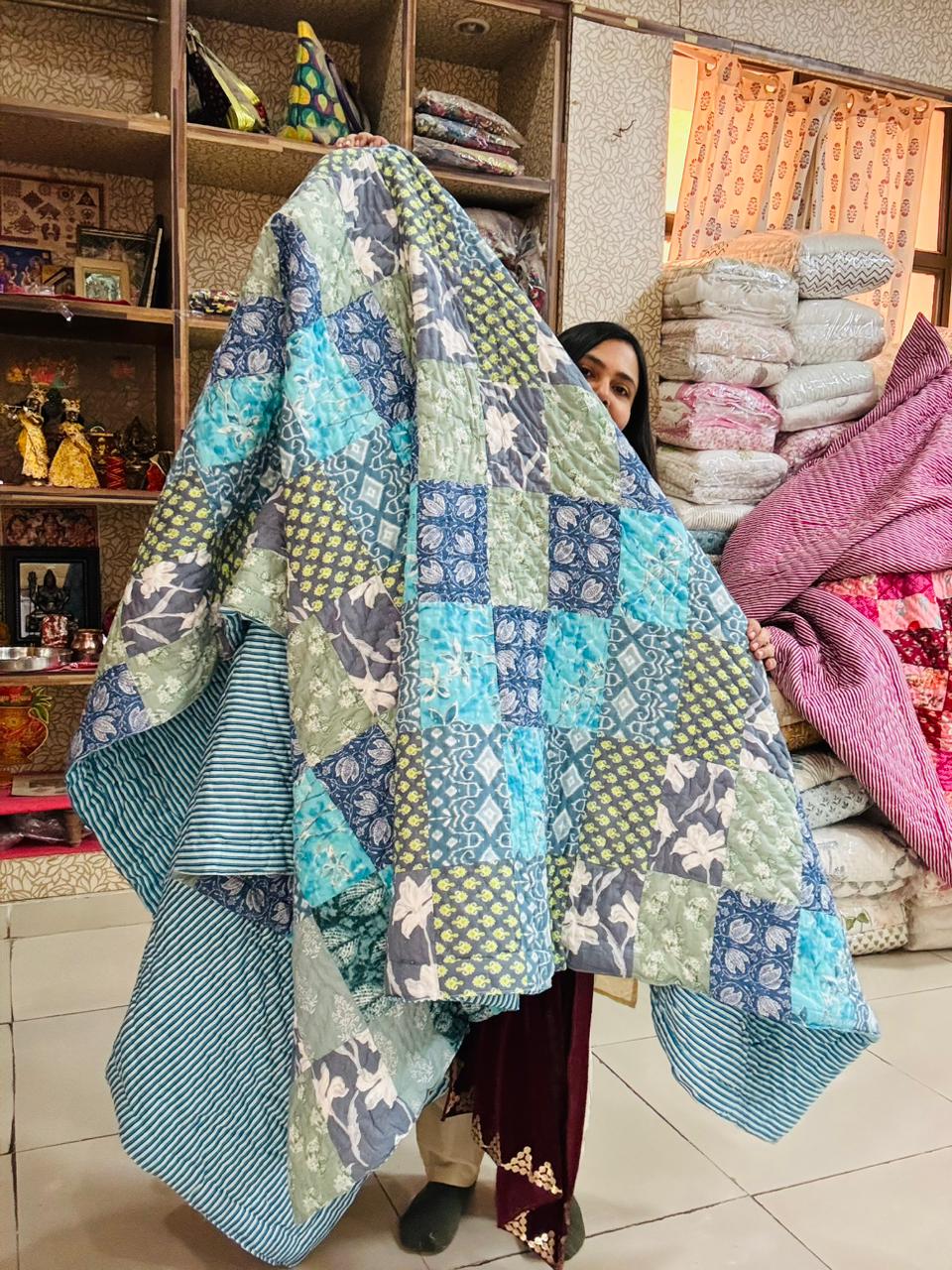 Double Bed - JAIPURI RAZAI - Hand Block Print Patch wonders - Sea Blue ...