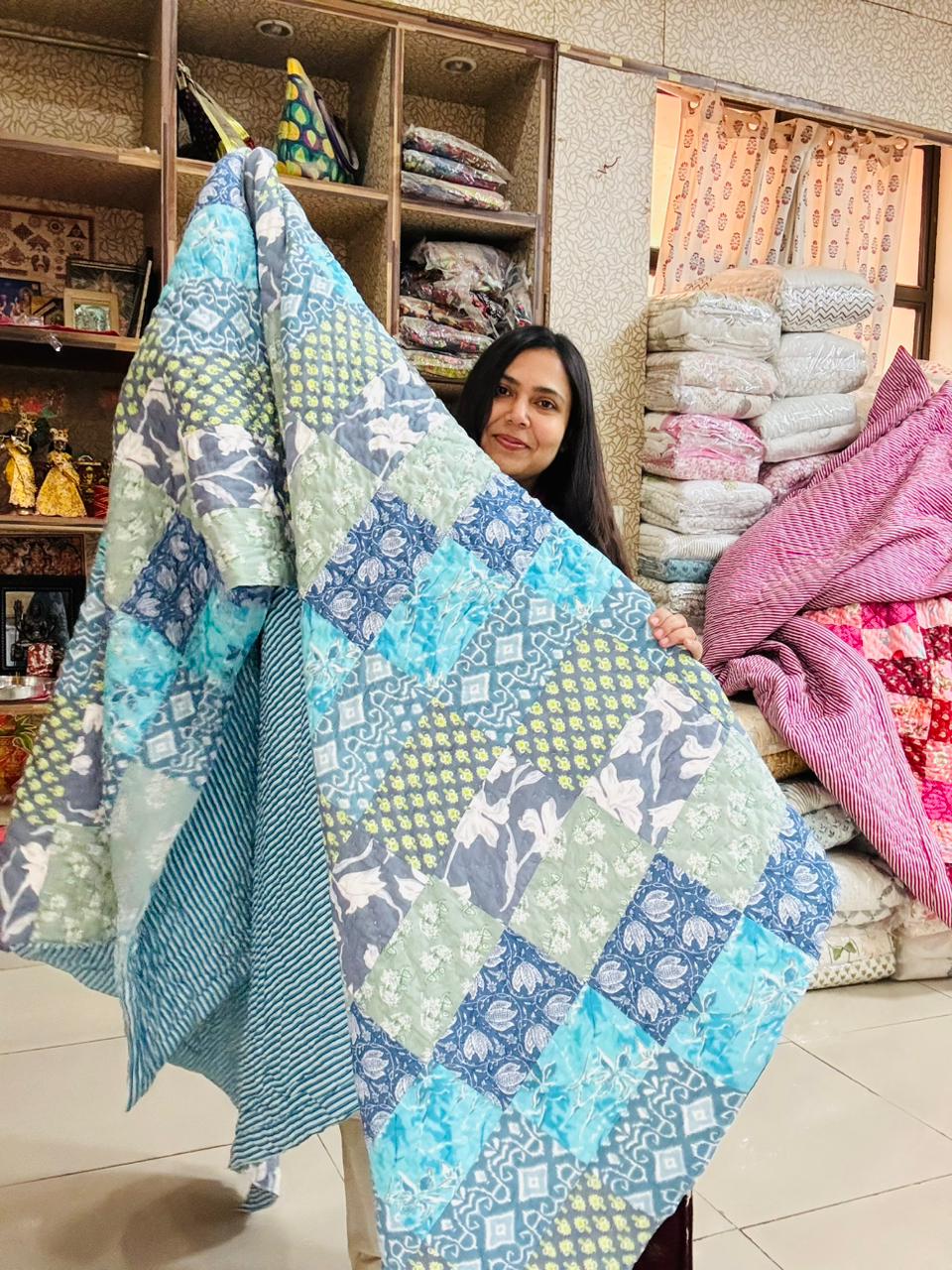 Double Bed - JAIPURI RAZAI - Hand Block Print Patch wonders - Sea Blue ...