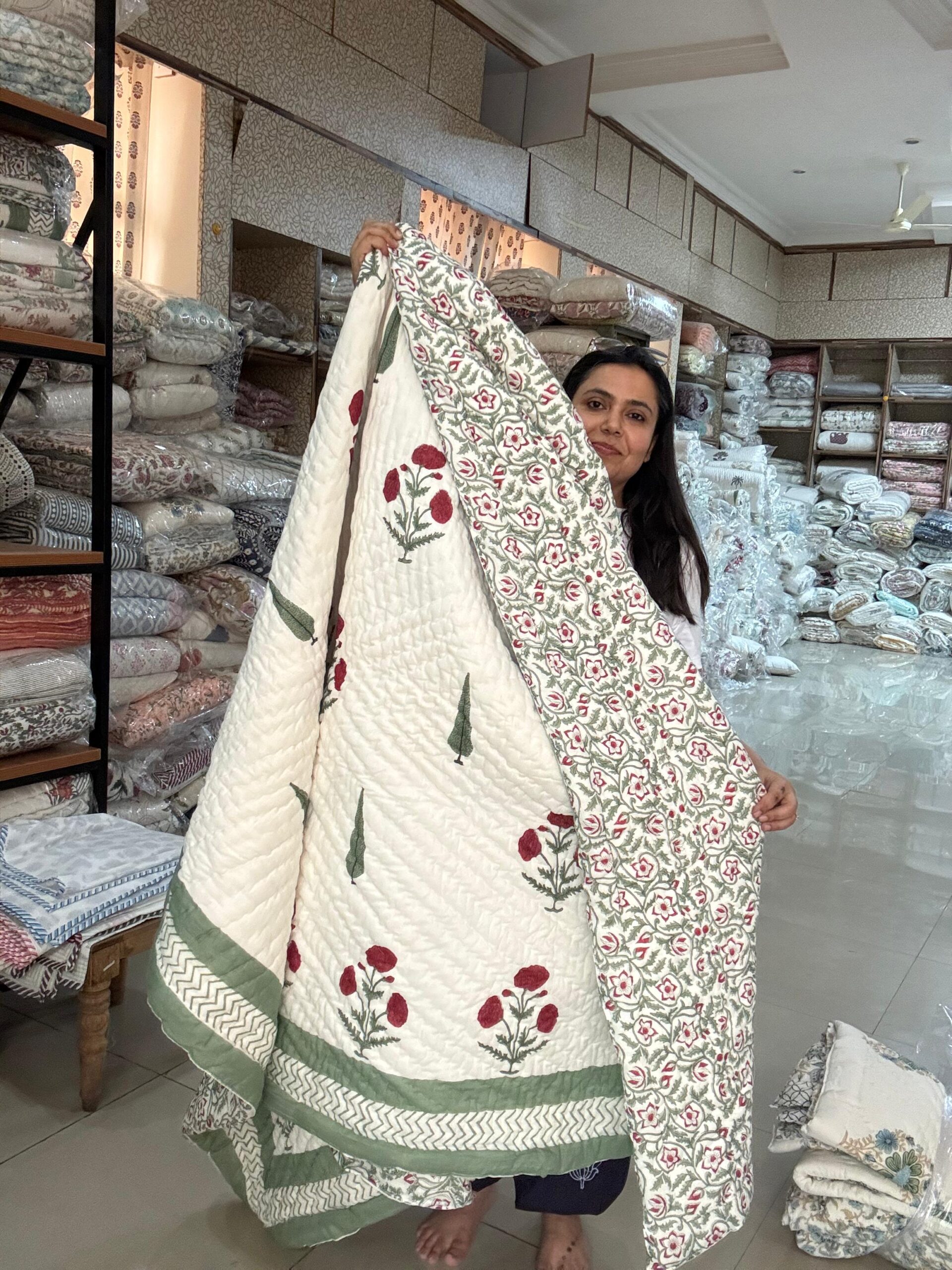 Double Bed - All Season Mulmul Jaipuri Quilt - Hand Block Print - Cypress and Poppies 🌷🌿(Dispatch Time 24 Hours)