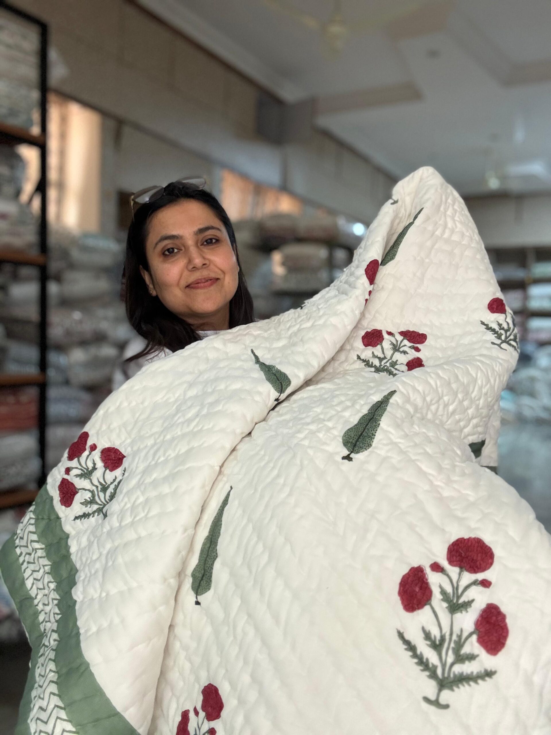 Double Bed - All Season Mulmul Jaipuri Quilt - Hand Block Print - Cypress and Poppies 🌷🌿(Dispatch Time 24 Hours)
