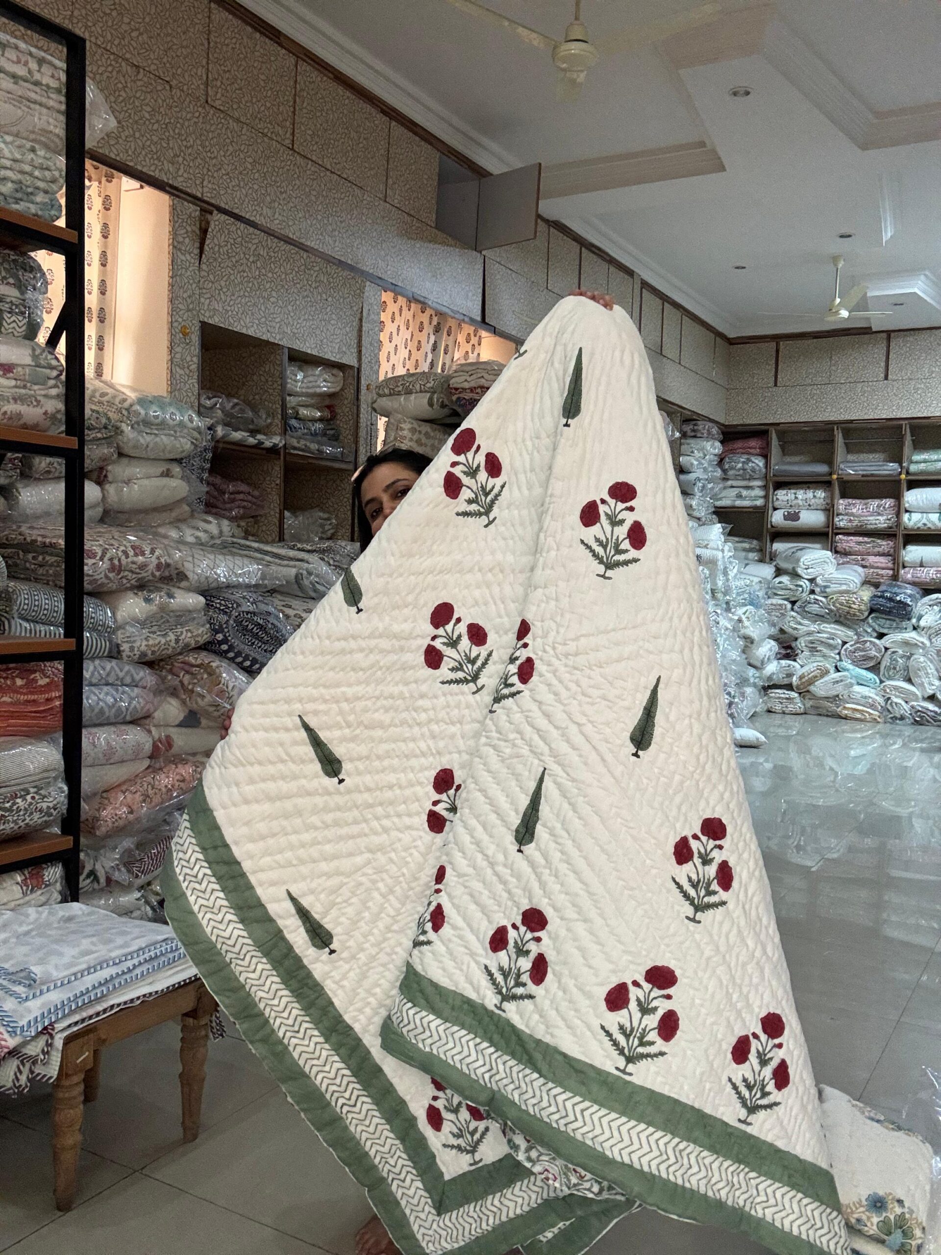 Double Bed - All Season Mulmul Jaipuri Quilt - Hand Block Print - Cypress and Poppies 🌷🌿(Dispatch Time 24 Hours)