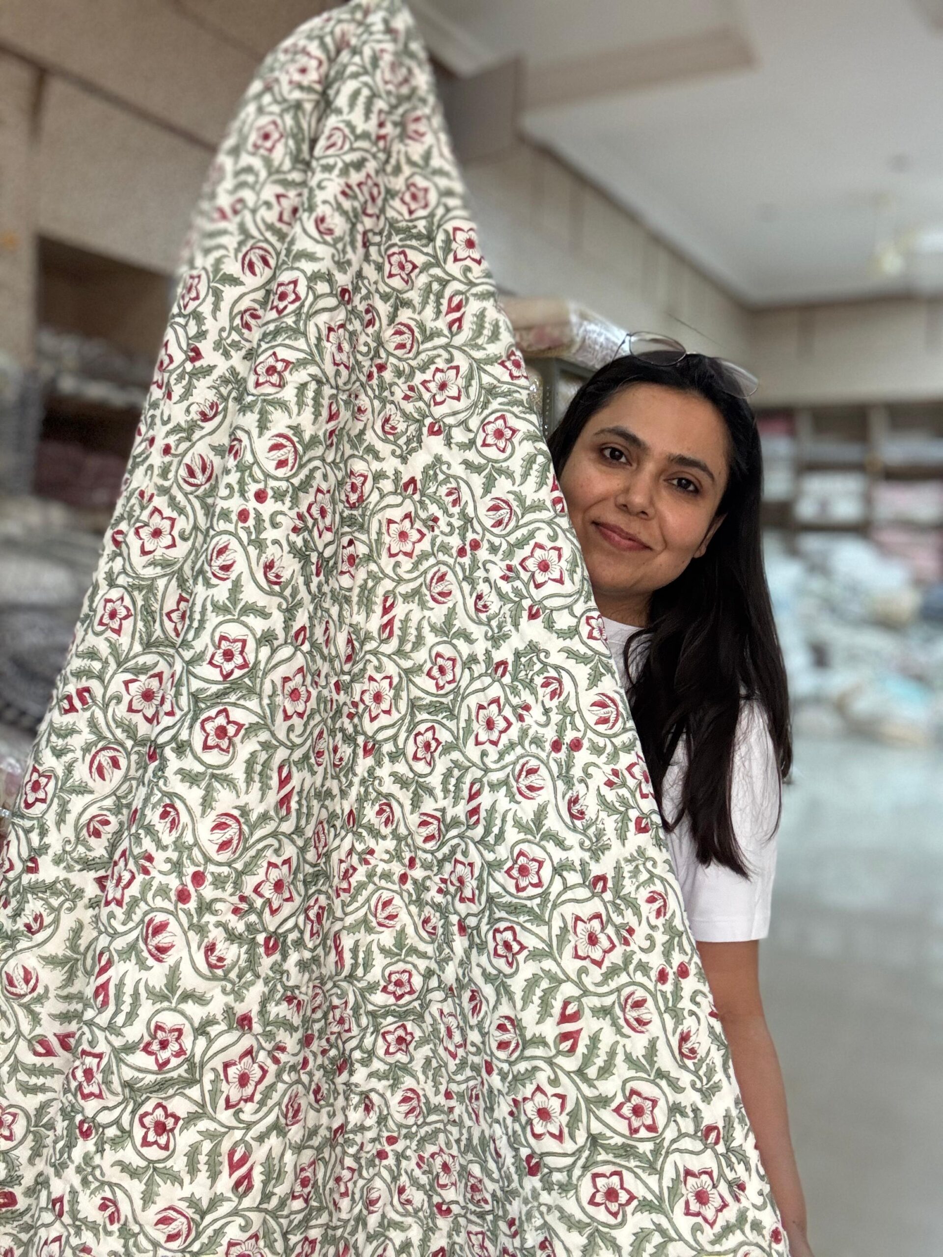 Double Bed - All Season Mulmul Jaipuri Quilt - Hand Block Print - Cypress and Poppies 🌷🌿(Dispatch Time 24 Hours)