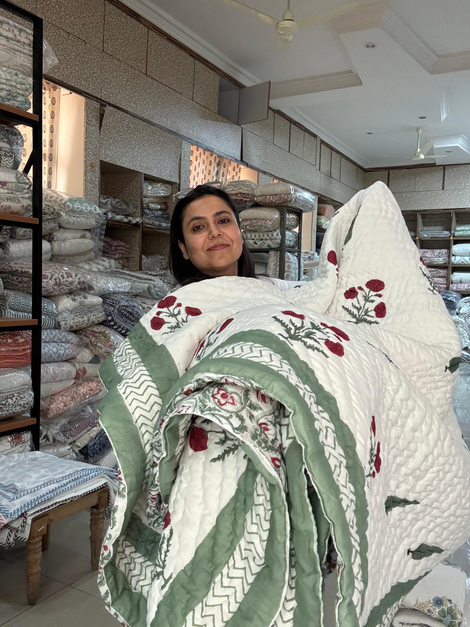 Double Bed - All Season Mulmul Jaipuri Quilt - Hand Block Print - Cypress and Poppies 🌷🌿(Dispatch Time 24 Hours)