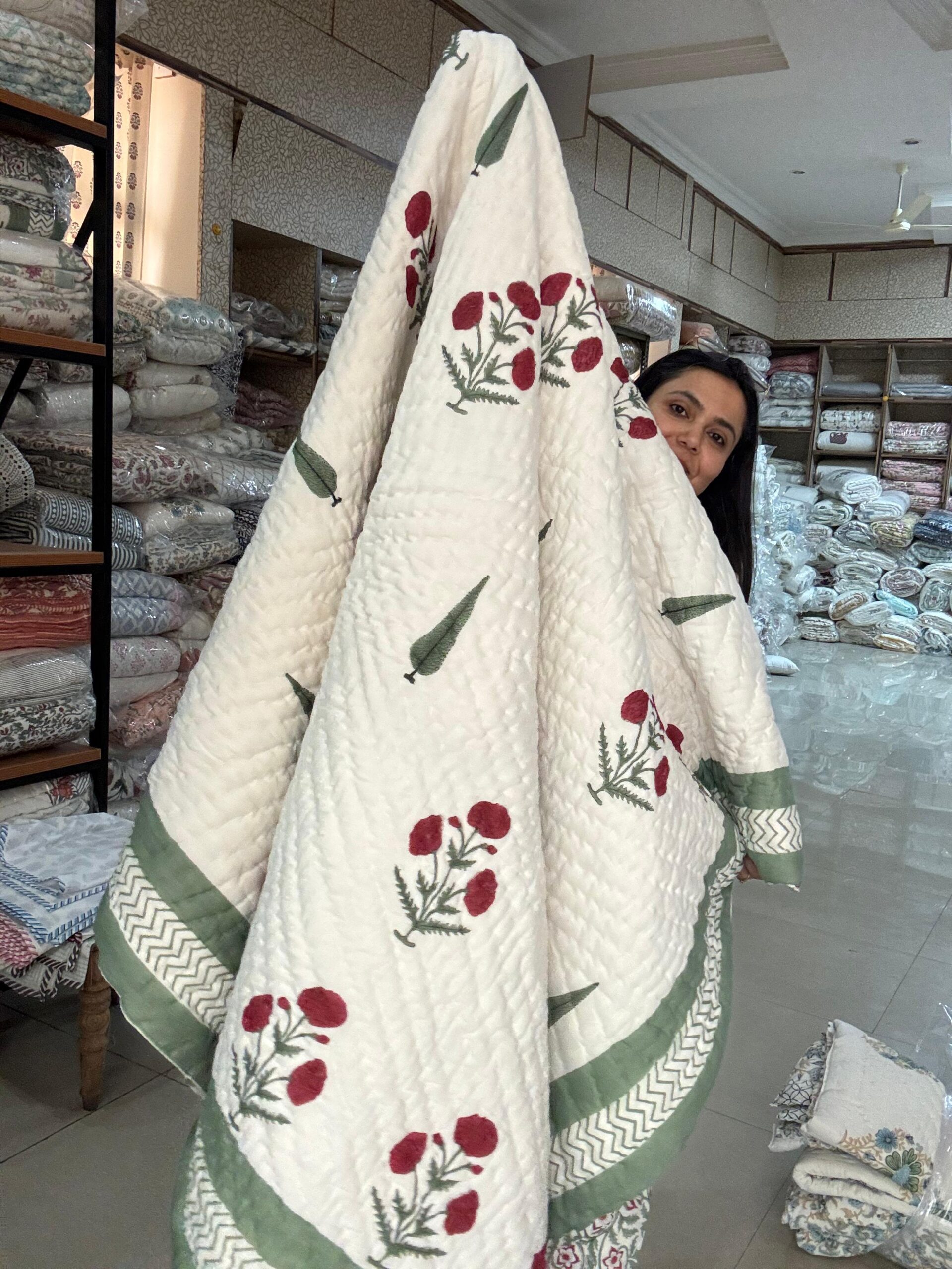 Double Bed - All Season Mulmul Jaipuri Quilt - Hand Block Print - Cypress and Poppies 🌷🌿(Dispatch Time 24 Hours)