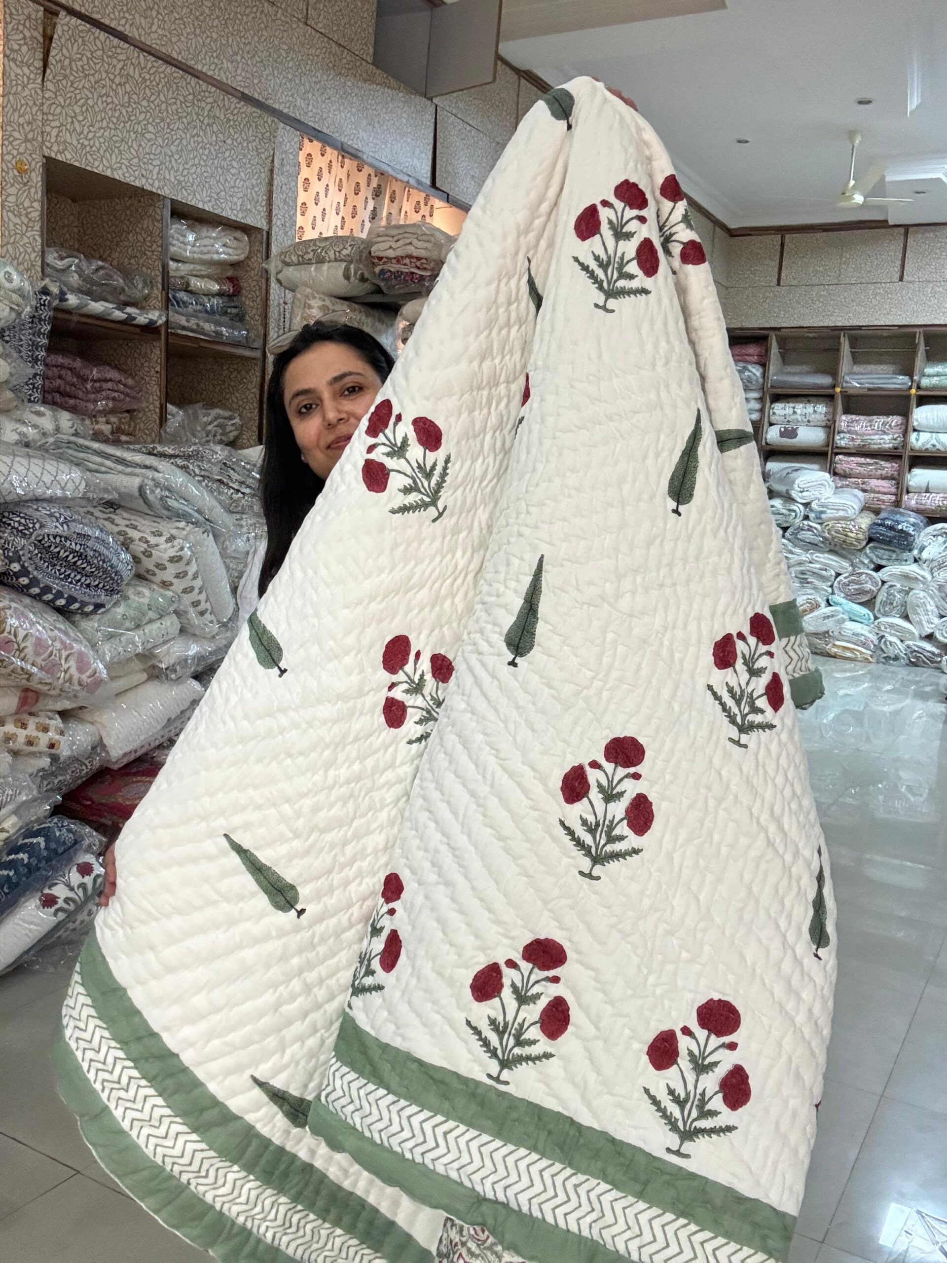 Double Bed - All Season Mulmul Jaipuri Quilt - Hand Block Print - Cypress and Poppies 🌷🌿(Dispatch Time 24 Hours)